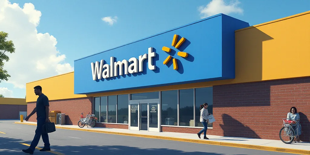 a walmart sign is shown on a building with a man walking past it and a person walking past it, Doug