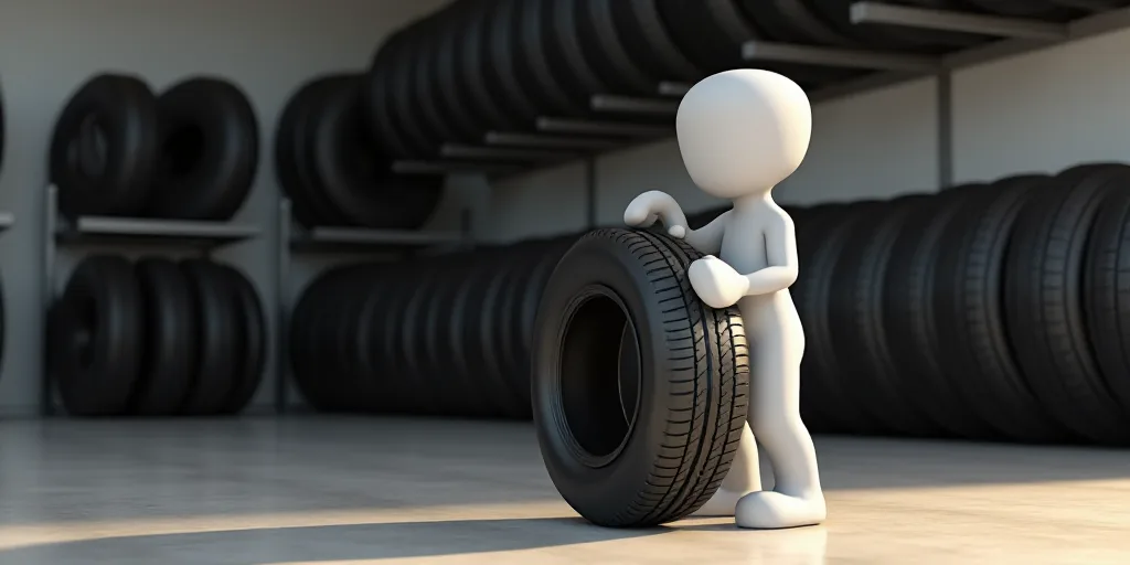 a white cartoon character holding a tire in a garage with other tires on the floor and a rack of tir