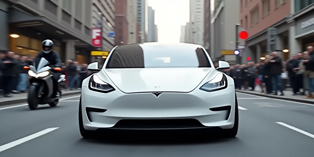 a white tesla electric car driving down a street with people standing around it and a motorcycle beh