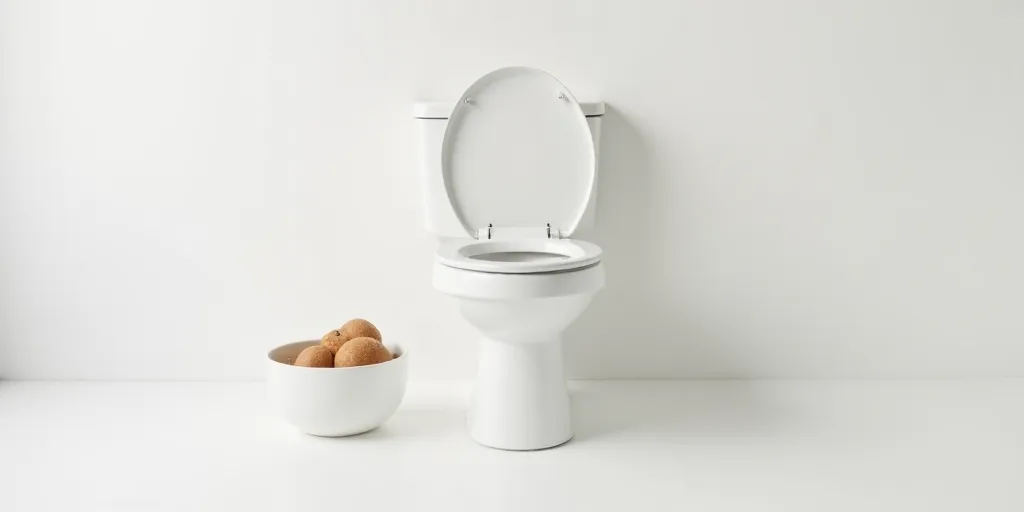 a white toilet with a lid and a bowl with food inside of it on a white surface with a white wall beh