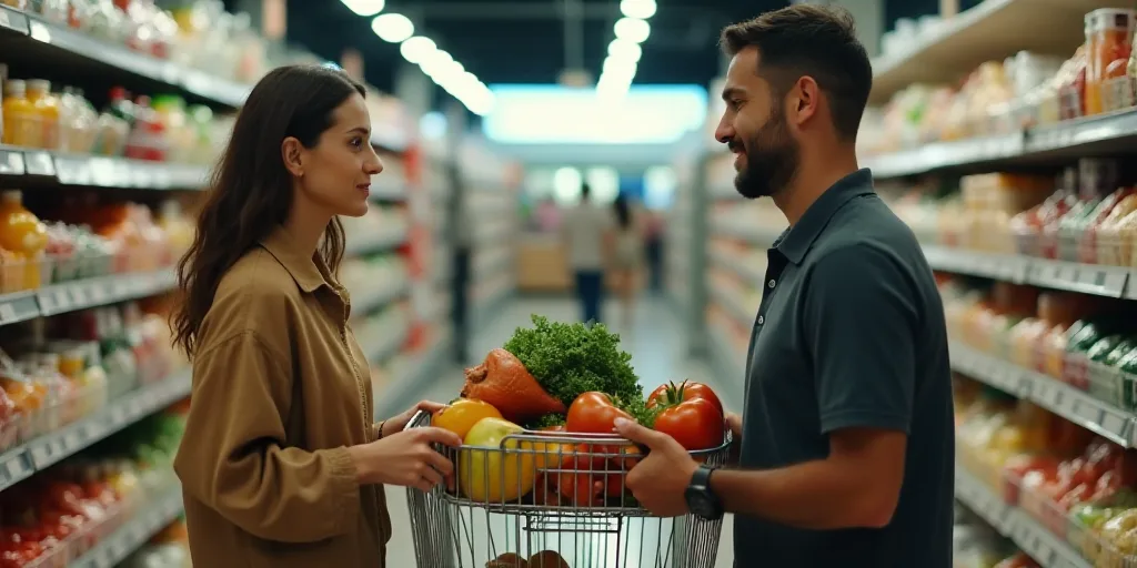 a woman and a man are shopping in a store together, with a cart full of food in the background, Cefe