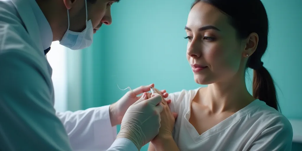 a woman getting a vaccium from a doctor in a hospital room with a needle in her arm, Évariste Vital