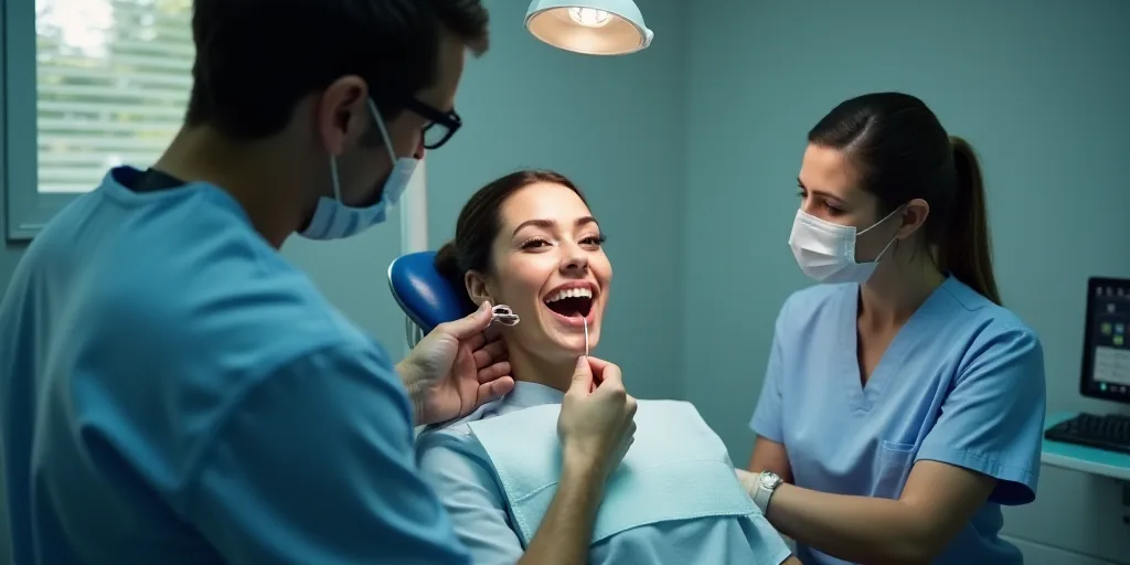 a woman getting her teeth checked by a dentist in a dental office with a man in a mask and a woman i