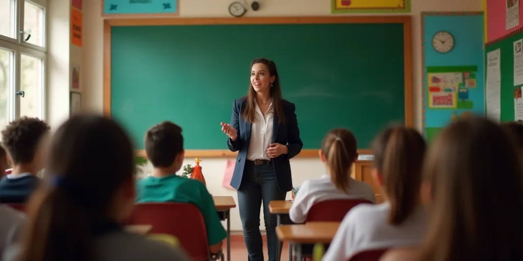 a woman giving a presentation to a class of students in a classroom with colorful walls and a chalkb