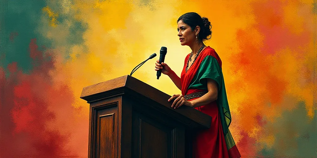a woman giving a speech at a podium with a microphone in her hand and a mexican flag on the back, Da
