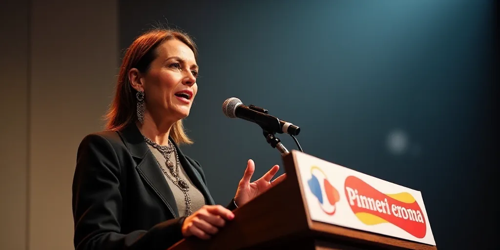 a woman giving a speech at a podium with a microphone in her hand and a sign in front of her, Ancell