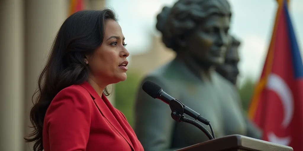 a woman giving a speech at a podium with a flag behind her and a statue of a woman behind her, Arace