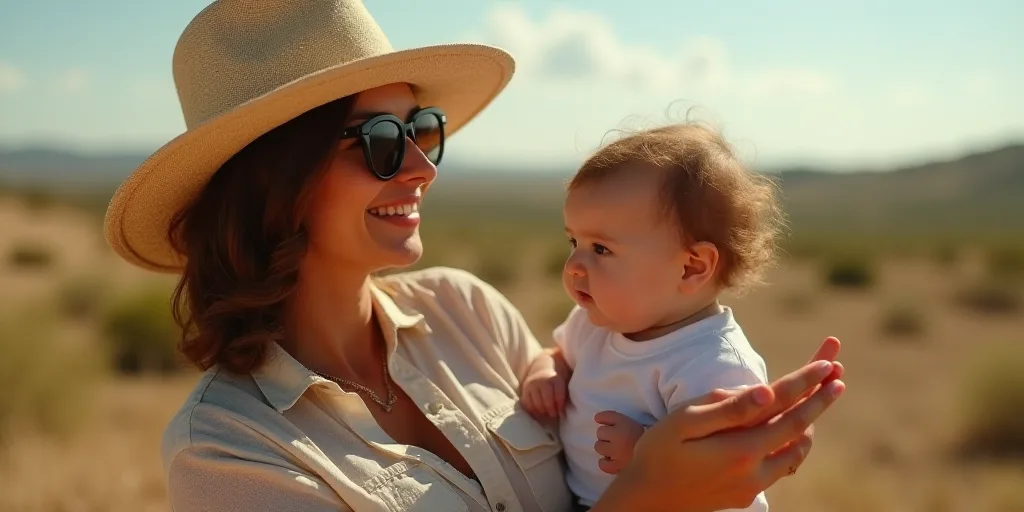 a woman holding a baby in her arms and smiling at something in her hand while wearing a hat and sung