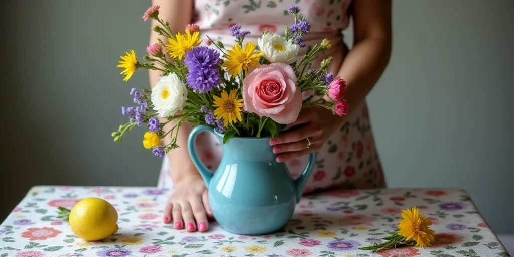 a woman holding a bouquet of flowers on a table with a blue handle and a purple and yellow flower, A