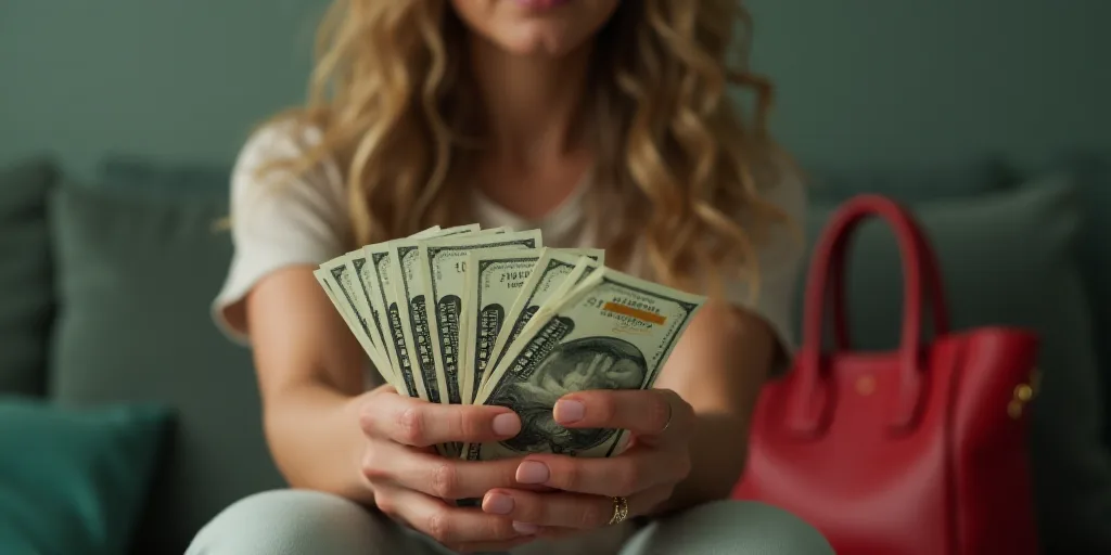 a woman holding a bunch of money in her hands with a purse in the background and a purse on the othe