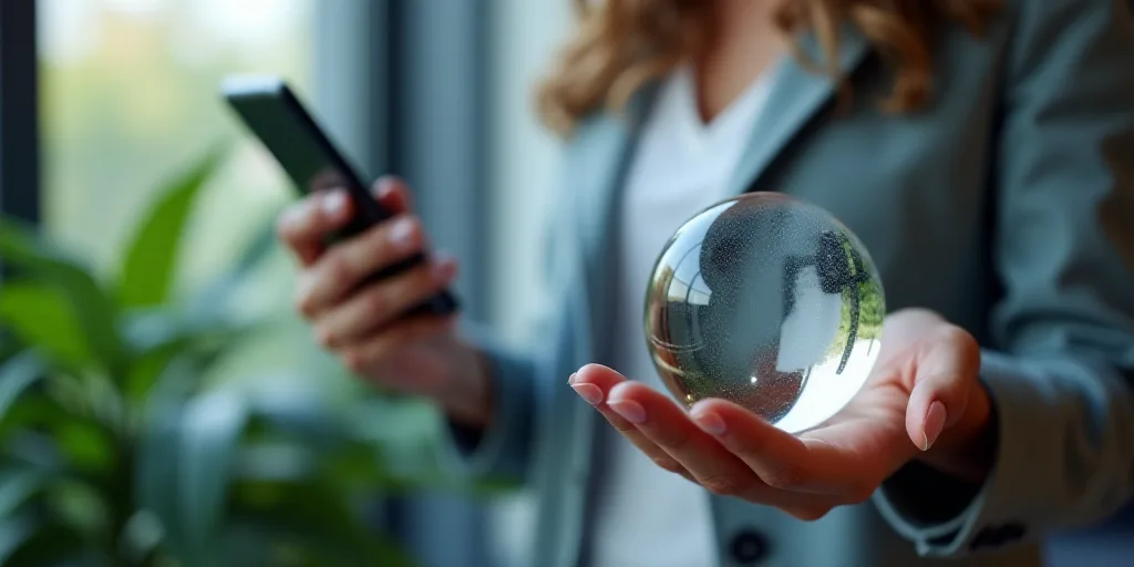 a woman holding a cell phone and a laptop computer in her hands with a glass ball in her hand, Denni