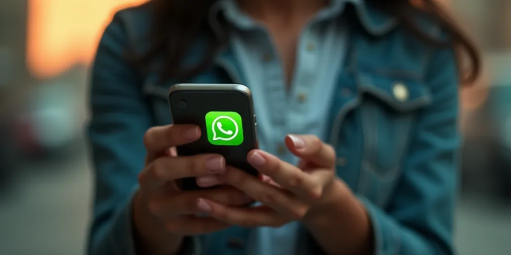 a woman holding a cell phone with a green whatsapp icon on it's screen and a chat button above her,
