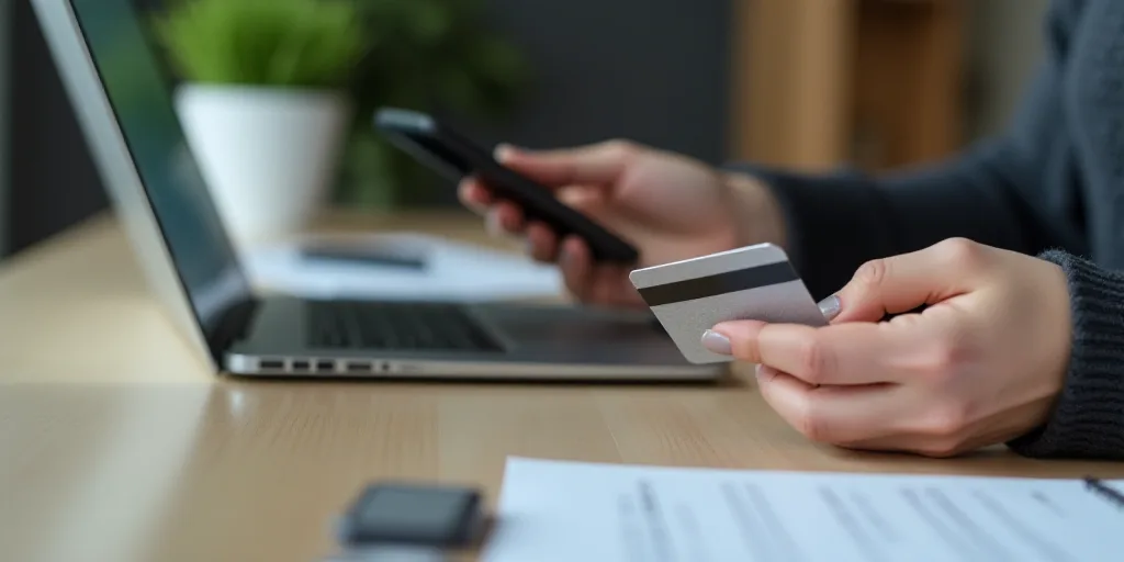 a woman holding a credit card and a cell phone in her hands while sitting at a desk with a laptop, A