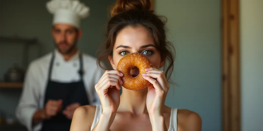 a woman holding a doughnut in front of her face with a picture of a chef behind her on the wall, Ara