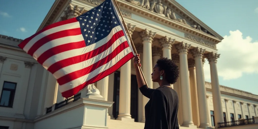 a woman holding a flag in front of a building with columns and a clock on it's side, Dennis Ashbaugh