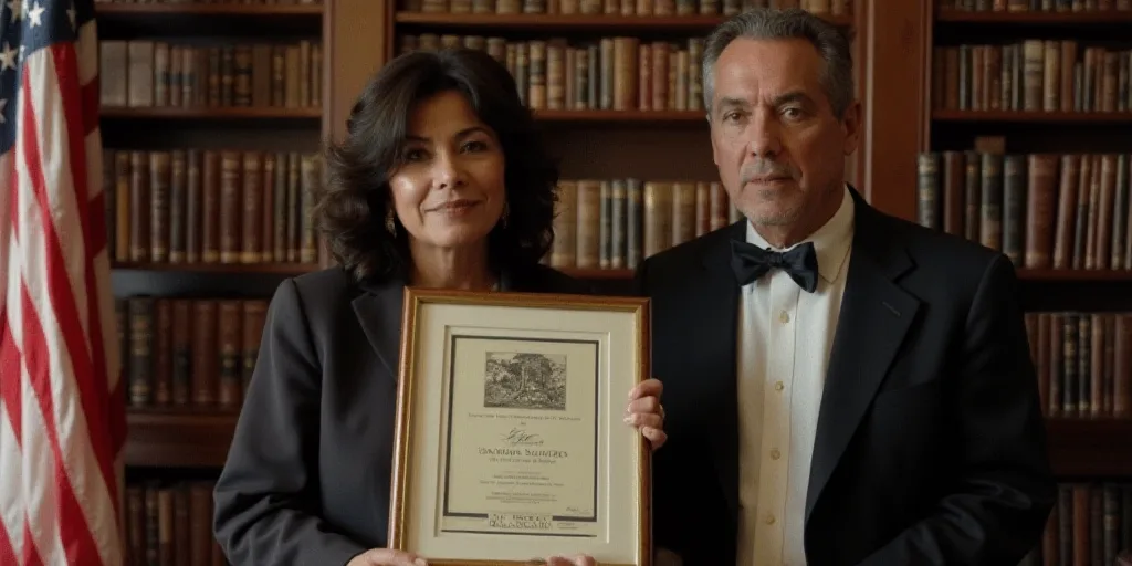 a woman holding a framed award next to a man in a library with a flag behind her and a bookcase behi