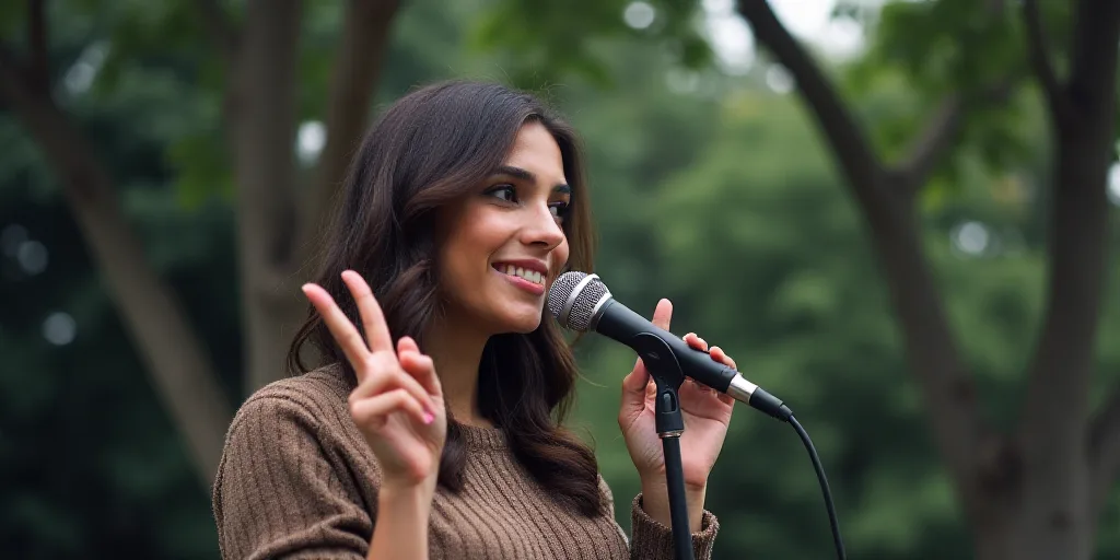 a woman holding a microphone up to her face and making a peace sign with her hands while standing in