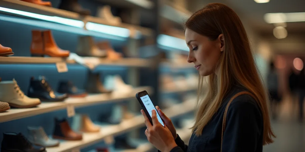 a woman holding a phone in front of a display of shoes and shoes on shelves with a price tag, Andrie