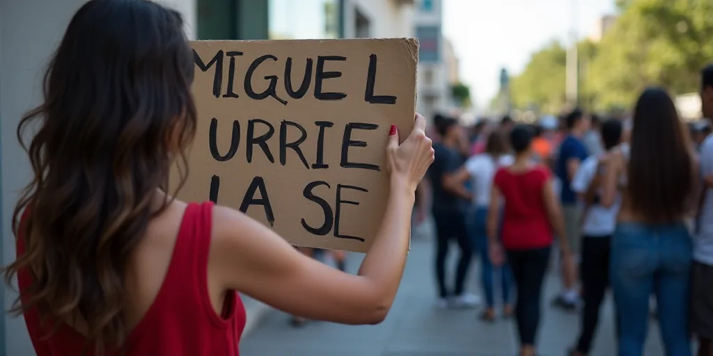 a woman holding a sign in front of a crowd of people on a sidewalk with a sign that says miguel urri