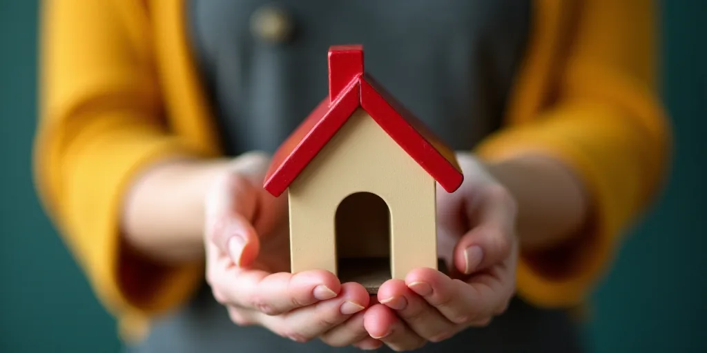 a woman holding a small house in her hands with a red roof on top of it and a small house in the mid