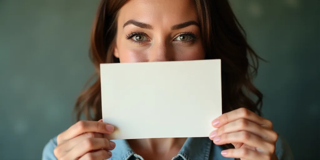 a woman holding up a piece of paper with a message on it in front of her face and smiling, Anna Mari