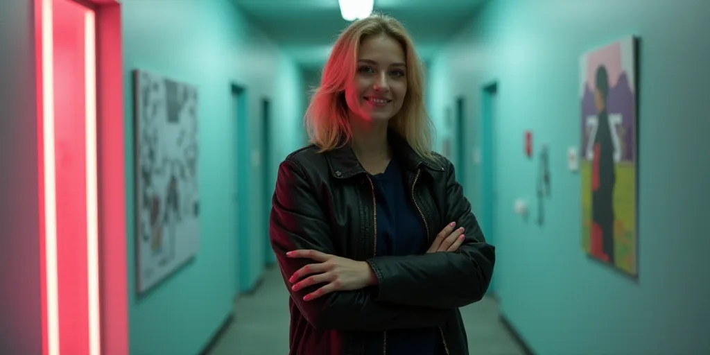 a woman in a black jacket is smiling for the camera with her arms crossed and her hands folded in fr