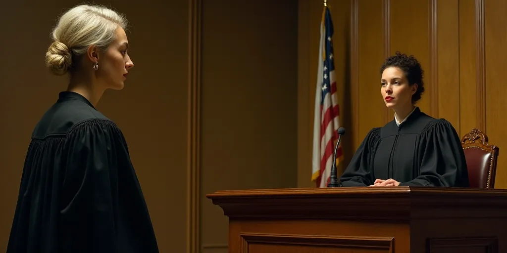 a woman in a black robe standing in front of a judge and a woman in a black robe and a microphone, B