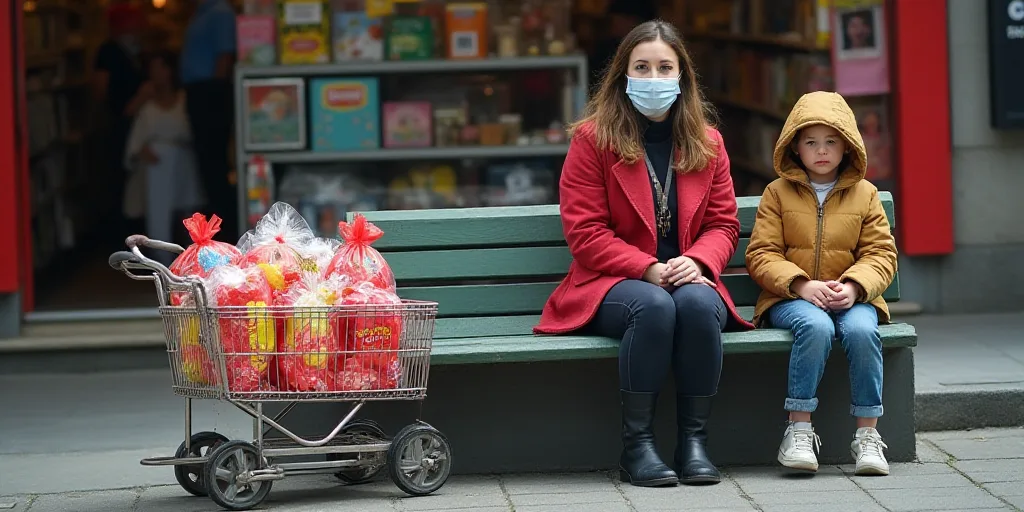 a woman in a face mask sitting on a bench next to a cart of candy bags and a child, Bourgeois, hyper