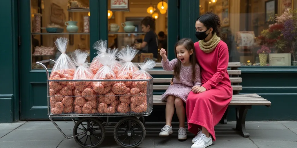 a woman in a face mask sitting on a bench next to a cart of candy bags and a child, Bourgeois, hyper