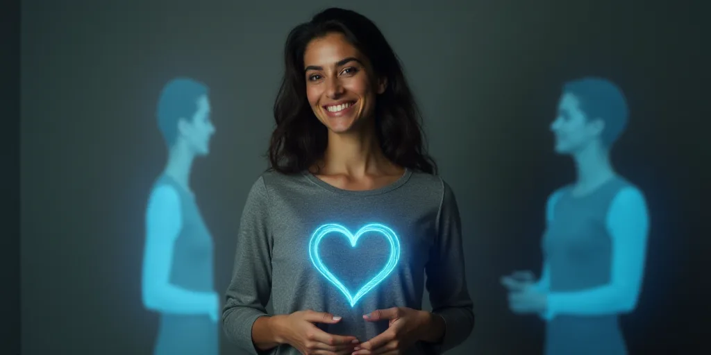 a woman in a gray top is smiling for the camera with her hands folded in front of her chest, Arament