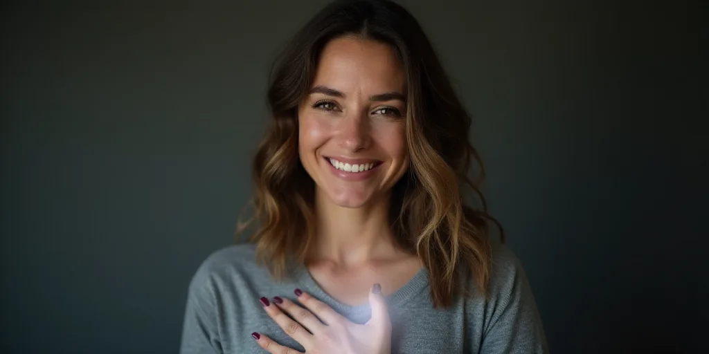 a woman in a gray top is smiling for the camera with her hands folded in front of her chest, Arament