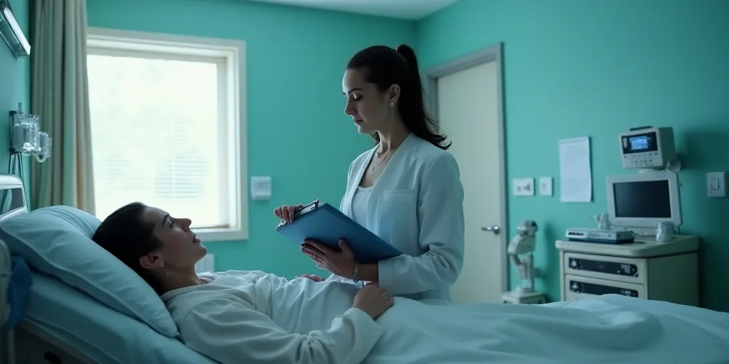 a woman in a hospital bed with a clipboard in her hand and a clipboard in her hand, Évariste Vital