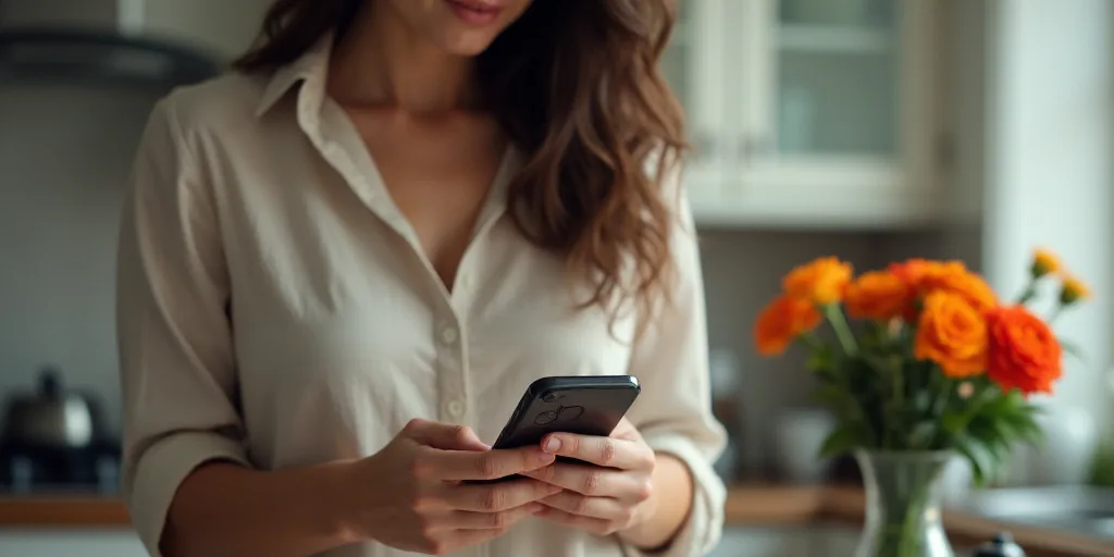 a woman in a kitchen looking at a cell phone while holding a knife and fork in her hand and a vase w