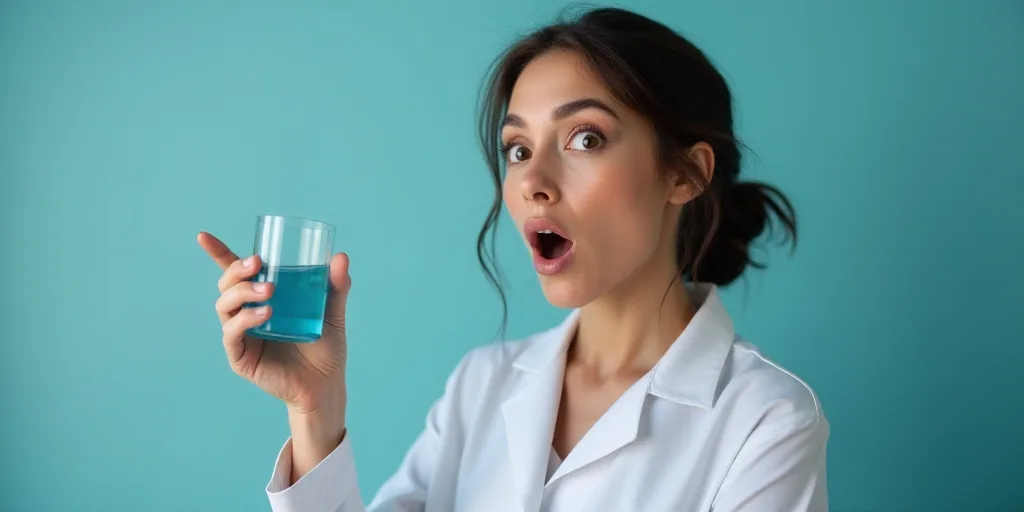 a woman in a lab coat holding a glass in her hand and looking at the camera with a surprised look on