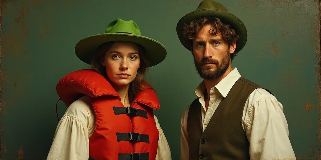 a woman in a life jacket and a green hat is standing next to a man in a vest and a vest, Anna Hotchk