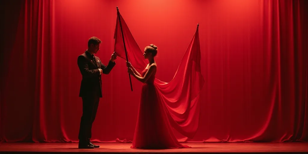 a woman in a red dress holding a red flag while standing on a stage with a man in uniform, Aquirax U