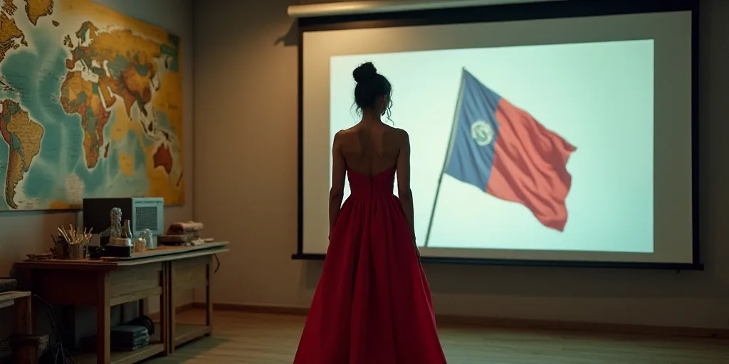 a woman in a red dress standing in front of a projector screen with a flag on it and a map on the wa