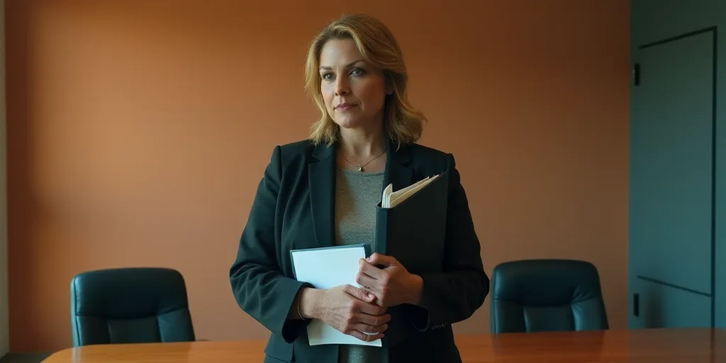 a woman in a suit is standing in front of a desk with a binder and a folder in her hand, Brenda Cham