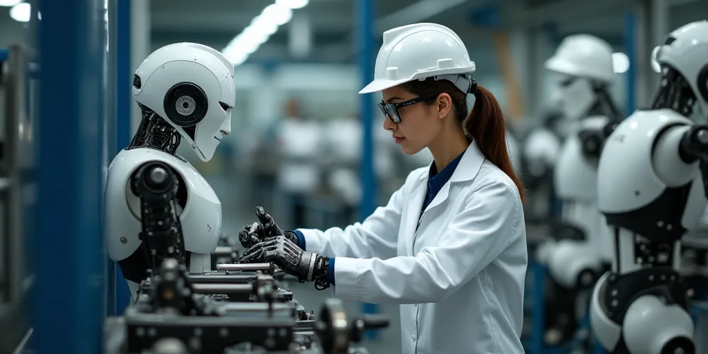 a woman in a white hard hat and glasses working on a machine in a factory with other machines in the