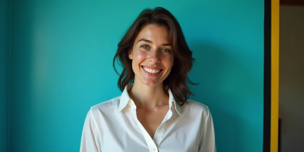 a woman in a white shirt is smiling for the camera with a blue background and a black and yellow bor