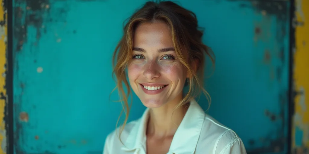 a woman in a white shirt is smiling for the camera with a blue background and a black and yellow bor