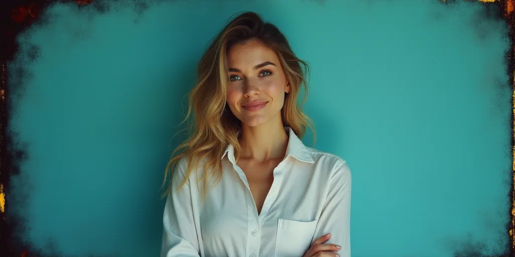 a woman in a white shirt is smiling for the camera with a blue background and a black and yellow bor