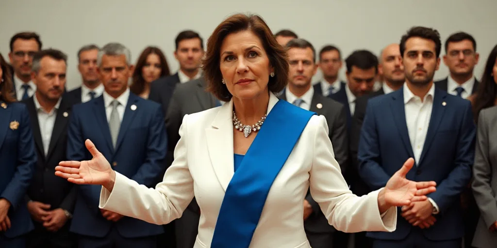 a woman in a white suit and blue sash standing in front of a crowd of people with her hands out, Bra