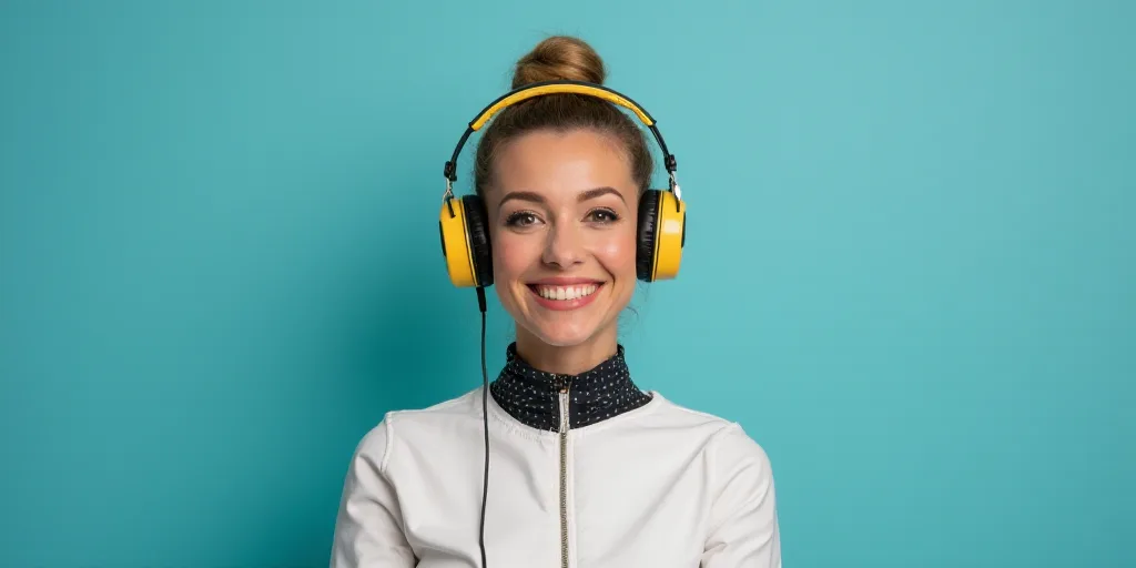 a woman in a white top is smiling for the camera with a blue background and a black and yellow borde