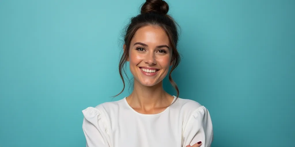 a woman in a white top is smiling for the camera with a blue background and a black and yellow borde