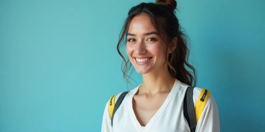 a woman in a white top is smiling for the camera with a blue background and a black and yellow borde