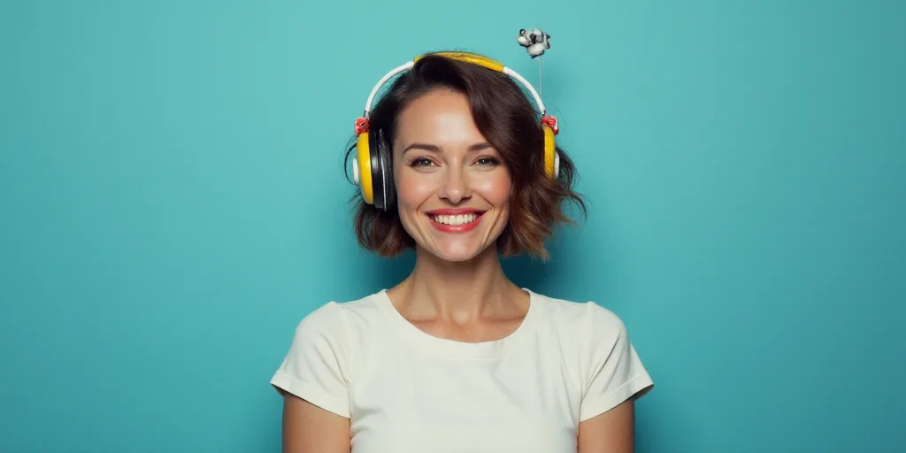 a woman in a white top is smiling for the camera with a blue background and a black and yellow borde