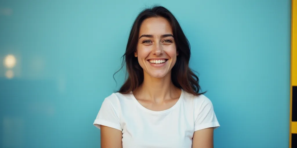 a woman in a white top is smiling for the camera with a blue background and a black and yellow borde
