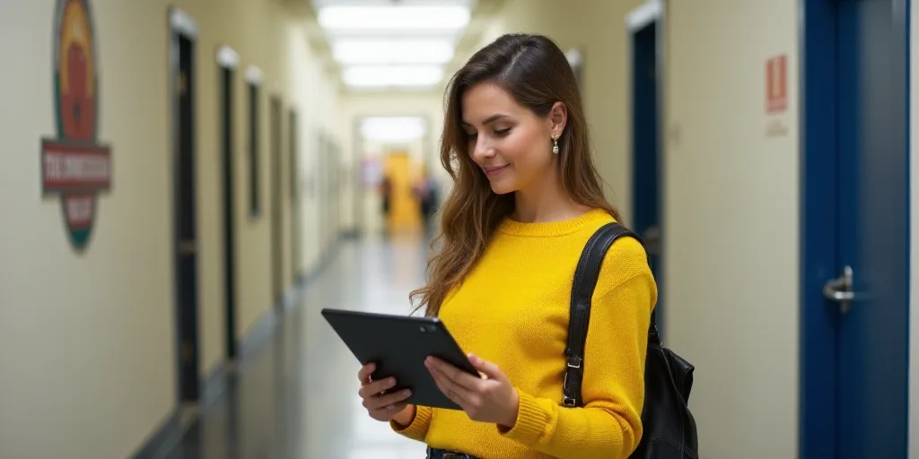 a woman in a yellow sweater holding a tablet in a hallway of a school with a logo on the wall, Arace