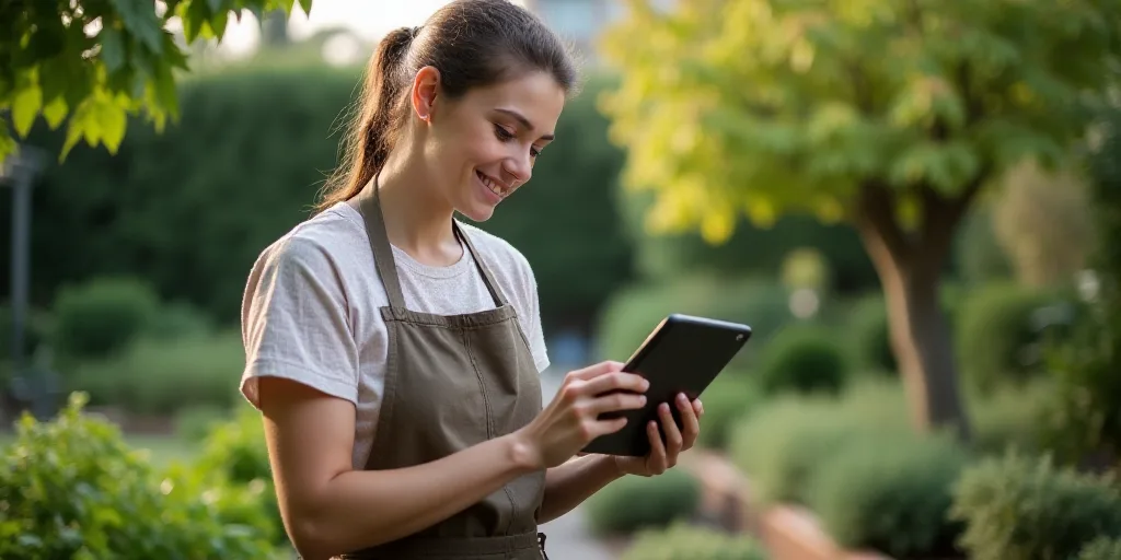 a woman in an apron is looking at a tablet in a garden area with trees and bushes in the background,
